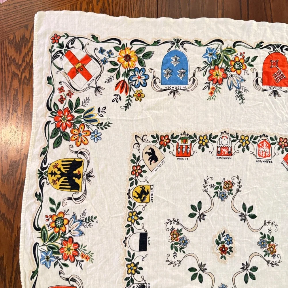 Vintage German Cities Souvenir Tablecloth Floral Crests Coats of Arms White